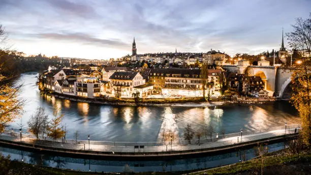 Old town of Bern and the river Aare at dusk in autumn, Switzerland