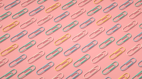 3d rendering group of colored paper clips.