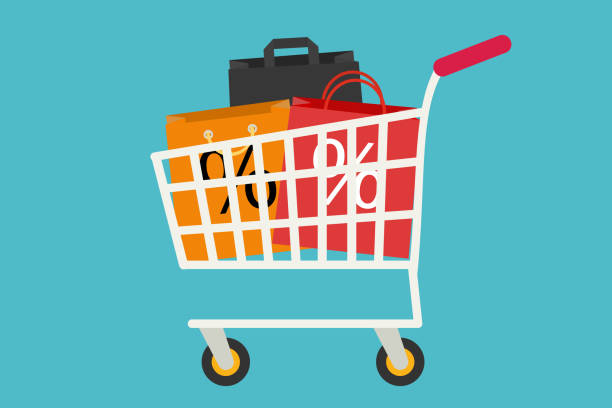 Classic shopping cart full with bags isolated on blue background Shopping cart with bags for clothing or other product inside isolated on blue background. Trade and discount on goods concept. Flat style vector illustration. Copy space for design or text cart illustrations stock illustrations