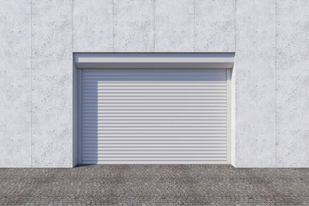 closed shutter door or roller door on gate building, 3d rendering - fachada loja imagens e fotografias de stock