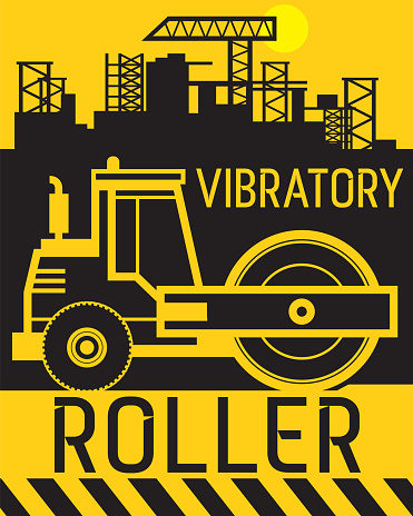 Vibratory roller work on construction site, abstract flat vector illustration