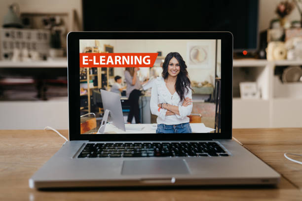 istock Laptop opened on online school lesson webpage 1219757033