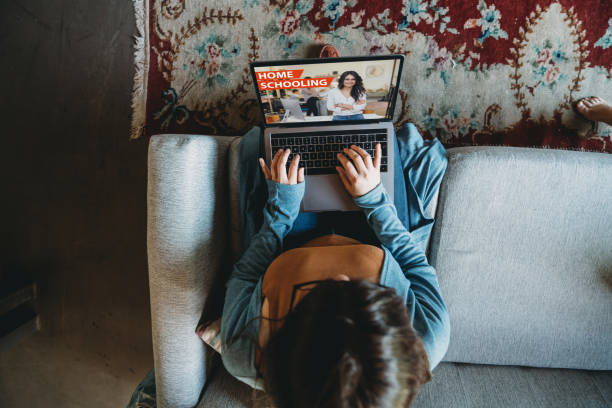 istock Young woman watching a school lesson on her laptop 1219757040