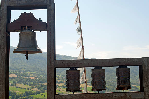 Montefeltro (Marches, Italy), landscape from Pennabilli (Urbino) and ancient tibetan bells donated by the Dalai Lama to the town of Pennabilli in memoriam of Orazio da Pennabilli (18th century)