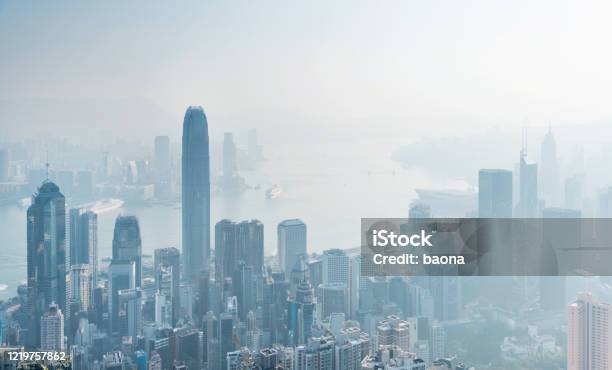 Aerial View Of City Buildings In Foggy Day Stock Photo - Download Image Now - Hong Kong, City, Fog