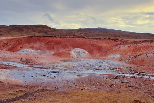 Volcanic landscape with hot springs at the Reykjanes Peninsula in Iceland.