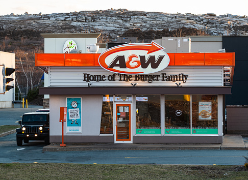 April 17, 2020 - Halifax, Canada - A&W restaurant located in the Bayers Lake retail park. The restaurant chain is only offering drive thru service at all locations during the ongoing COVID-19 pandemic.