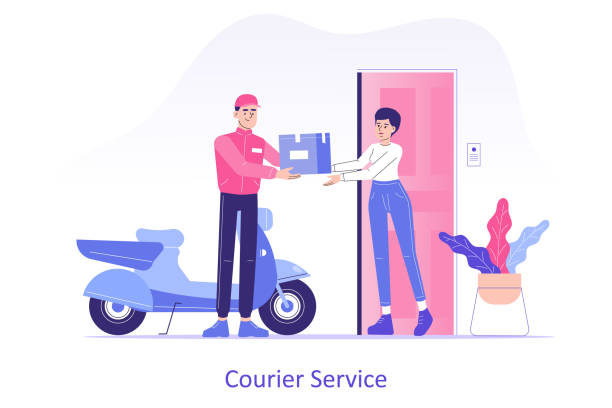 Online fast delivery or courier service concept. Young delivery man or courier delivering a package or box to happy woman with moped. Doorstep delivery to home or office. Vector illustration vector art illustration