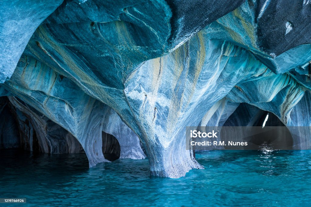 Marble Caves in General Carrera Lake, Patagonia, Chile The Marble Caves (Spanish: Cuevas de Marmol ), a series of sculpted caves in the General Carrera Lake in Chile, Patagonia, South America. Cathedral Stock Photo