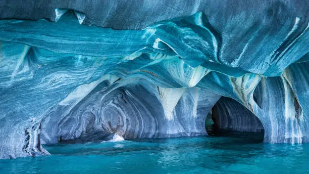 The Marble Caves (Spanish: Cuevas de Marmol ), a series of sculpted caves in the General Carrera Lake in Chile, Patagonia, South America.