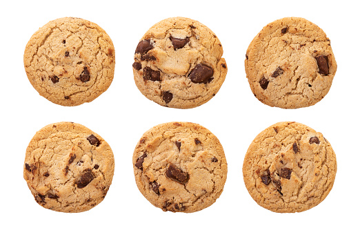 Chocolate chip cookies isolated on white background with clipping path, Homemade cookies close up.