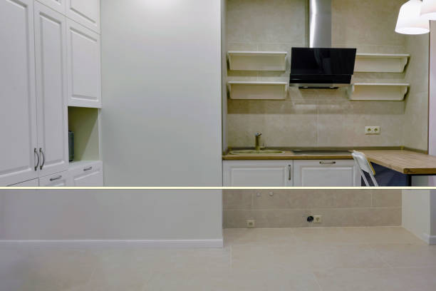 Kitchen before and after renovation, copy space for text. Modern small kitchen in the apartment before and after installing furniture