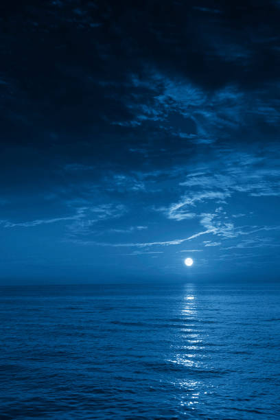 istock Bright Full Blue Moon Rises Over A Calm Ocean View 1219768660