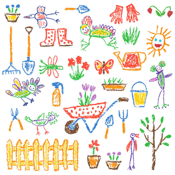 Gardening tools set. Garden or farm instruments. Like child hand drawing equipment. Crayon, pencil or pastel chalk isolated vector flower, watering can, shovel, fence, cart, rubber boots, plant, rake drawing art product stock illustrations