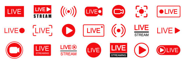 ilustrações de stock, clip art, desenhos animados e ícones de set of live streaming icons. set of video broadcasting and live streaming icon. button, red symbols for tv, news, movies, shows - stock vector - broadcasting