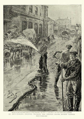 Vintage engraving of Washing streets around Covent Garden, London with antiseptic during cholera pandemic, 19th Century