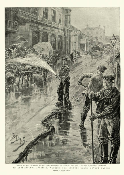 Washing streets of London with antiseptic during cholera pandemic, 1890s Vintage engraving of Washing streets around Covent Garden, London with antiseptic during cholera pandemic, 19th Century antiseptic stock illustrations
