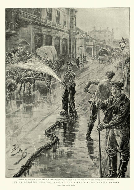 Washing streets of London with antiseptic during cholera pandemic, 1890s Vintage engraving of Washing streets around Covent Garden, London with antiseptic during cholera pandemic, 19th Century epidemic stock illustrations