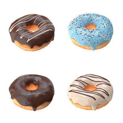 A set of four doughnuts, chocolate covered, chocolate with swirl, coffee covered with swirls and blueberry covered with monotone colored sprinkles. 3d image