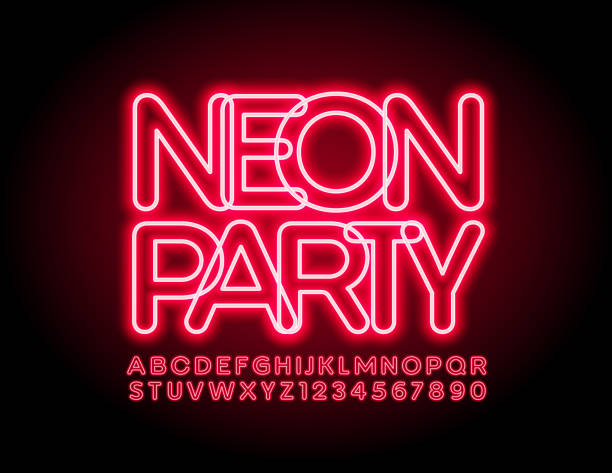 Vector glowing logo Neon Party. Modern electric Alphabet Letters and Numbers Red Uppercase Font typesetter stock illustrations