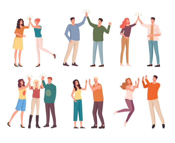 Group people characters give five informal meeting set. Vector flat cartoon graphic design illustration Group people characters give five informal meeting set. Vector flat cartoon graphic design high five stock illustrations