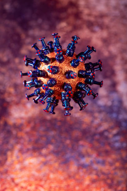 istock Mockup of coronavirus on textured rusty background, vertical. 1219775776