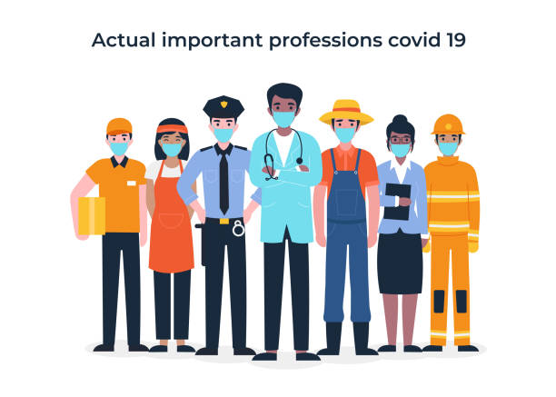 ilustrações de stock, clip art, desenhos animados e ícones de set people actual important professions covid 19 - natty