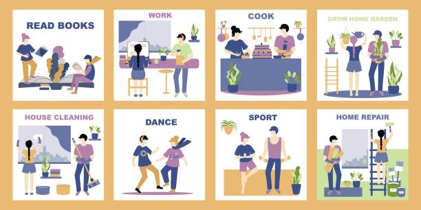 Quarantine, stay at home big vector set, bundle. People sitting at their home, Woman and man work at home. do different things, cook, clean, work and read books. Doing sports, planting flowers and making repairs, dancing. vector art illustration