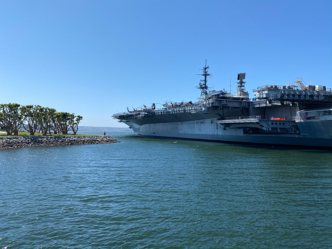 The USS Midway, retired Navy ship, stands at San Diego harbor, California, USA. April 18th, 2020
