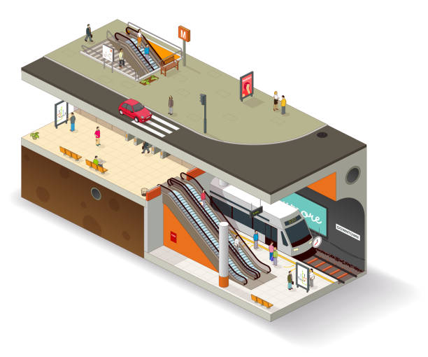 subway cutaway UK version Subway station isometric vector illustration. Left-hand traffic version. tunnel illustrations stock illustrations