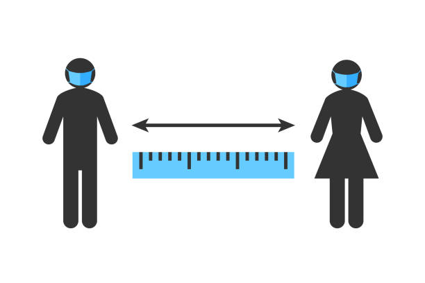 ilustrações, clipart, desenhos animados e ícones de placa de distanciamento social com figura de vara pessoas usando máscaras faciais e em pé separados - distanced