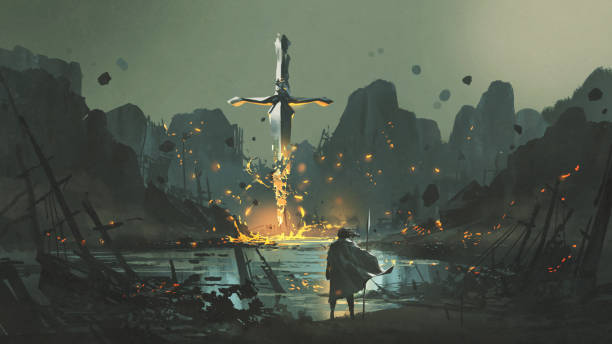 village of the broken sword a warrior standing at the abandoned port and looking at the broken giant sword, digital art style, illustration painting knight person stock illustrations