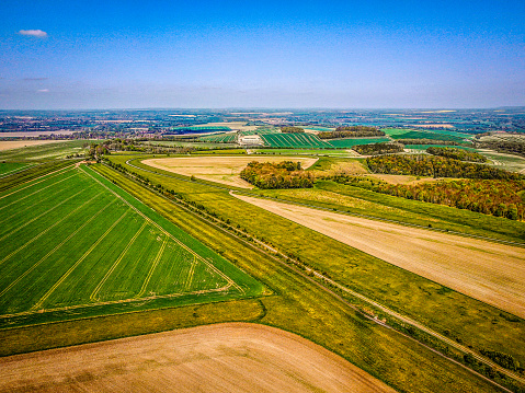 The Ridgeway at Blewbury on the Oxfordshire/Berkshire border on a sunny April day in 2020 during the covid 19 lockdown. No people, no vapour trails just brilliant colours from the air with a drone