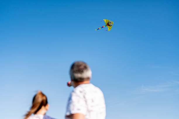istock Father and daughter with kite in a blue sky 1219785315