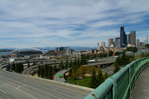 Seattle, WA - April 17th, 2020: Seattle panoramic view with no cars on the freeway during the Covid-19 stay-at-home emergency.