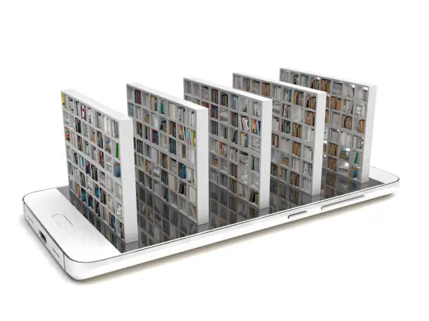 Bookcase with books on a smartphone screen isolated on a white background. Electronic library in a mobile phone. Distance education and self-study. Books online. Creative conceptual 3D rendering