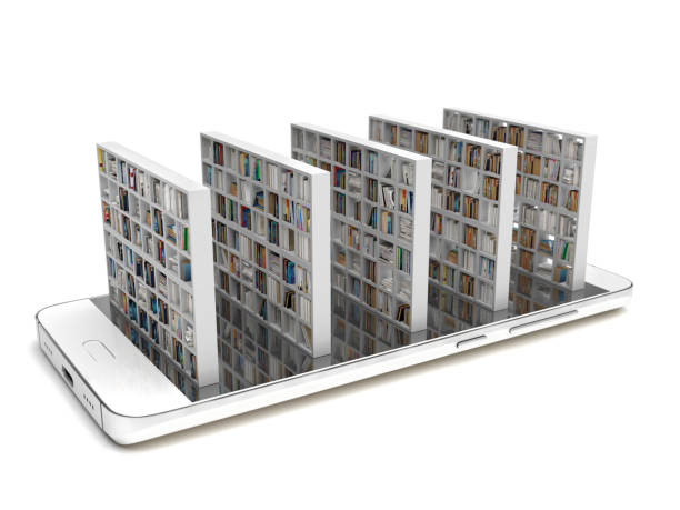 bookcase with books on a smartphone screen isolated on a white background. electronic library in a mobile phone. distance education and self-study. books online. creative conceptual 3d rendering. - kindle book reading digital display imagens e fotografias de stock