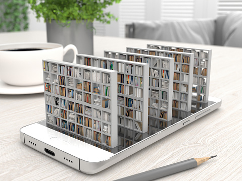 Bookcase with books on a smartphone screen on a desktop. Electronic library in a mobile phone. Distance education and self-study. Books online. Creative conceptual 3D rendering