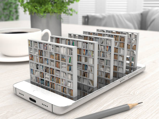 Bookcase with books on a smartphone screen on a desktop. Electronic library in a mobile phone. Distance education and self-study. Books online. Creative conceptual 3D rendering. Bookcase with books on a smartphone screen on a desktop. Electronic library in a mobile phone. Distance education and self-study. Books online. Creative conceptual 3D rendering stock libraries stock pictures, royalty-free photos & images
