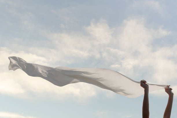 mujer sostiene una bufanda blanca que vuela en el cielo; concepto de libertad - wind scarf women people fotografías e imágenes de stock