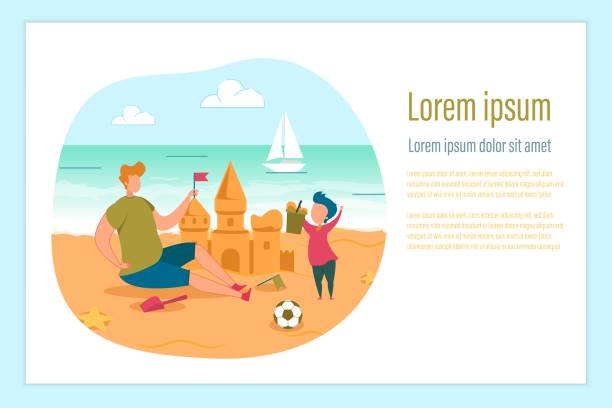 vater sohn familie bauen schloss auf strand poster - sandburg struktur stock-grafiken, -clipart, -cartoons und -symbole