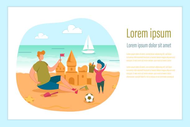 Father Son Family Build Castle on Beach Poster Happy Father and Son Family Rest on Tropical Resort, River Band. Man and Kid Spend Summer Time Together. Dad and Child Build Castle on Beach Illustration. Vector Horizontal Poster Design sandcastle structure stock illustrations