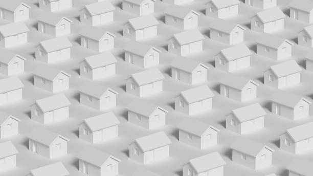 An array of simple small white rural houses, town block