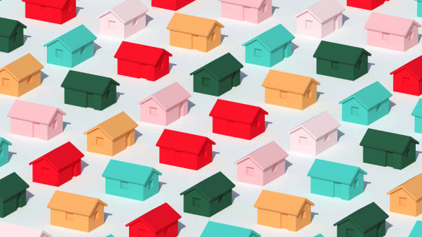 An array of simple small colorful rural houses on white background, town block abstract cgi representation, 3d rendering illustration