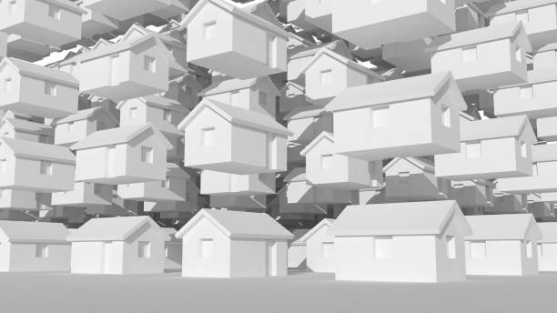istock 3d array of small white houses, futuristic town block 1219790352
