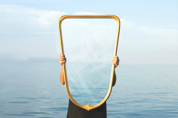 surreal image of a transparent mirror; concept of door to freedom - imagination fantasy invisible women imagens e fotografias de stock