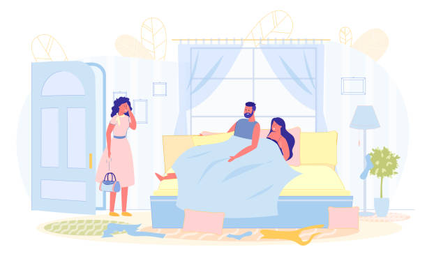 Love Triangle, Wife Catches Husband with Another. Love Triangle, Wife Catches Husband with Another. Man Lies in Bed with Woman, his Wife Stands in Doorway, Holding his Head. Family Tragedy, Betrayal Life Partner. Vector Illustration. positive negative slide stock illustrations