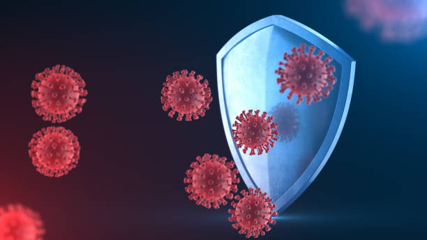 安全防護作為病毒防護理念。冠狀病毒沙斯-cov-2安全屏障。閃亮的鋼盾保護病毒細胞,共和-19疾病的來源。防禦細菌。 - 免疫系統 個照片及圖片檔