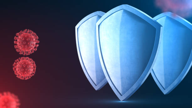 Security shield as virus protection concept. Coronavirus Sars-Cov-2 safety barrier. Shiny steel shield protecting against virus cells, source of covid-19 disease. Defense against bacteria escudo de seguridad como concepto de protección antivirus. barrera de seguridad coronavirus sars-cov-2. escudo de acero brillante que protege contra las células del virus, fuente de la enfermedad de covid-19. defensa contra las bacterias.