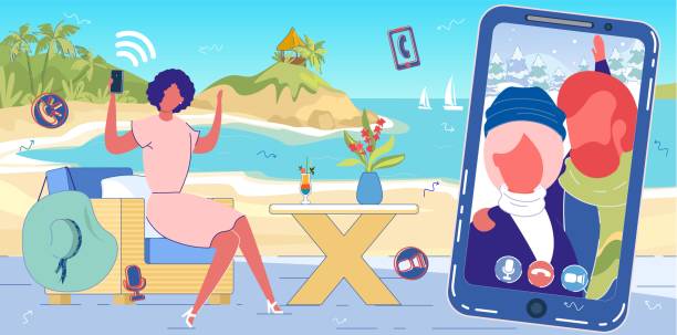 Woman in Beach Cafe Calling Friend with Smartphone Cartoon Woman in Beach Cafe Calling Couple in Winter Weather wth Smartphone. Friend Online Communication, Connection in Vacation Travel. Mobile Phone Messenger Video Call Vector Illustration computer people winter cafe stock illustrations